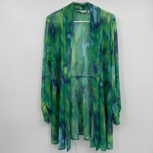 Susan Graver Duster Women 1X Green Mesh Open Front Stretch Lightweight Cardigan